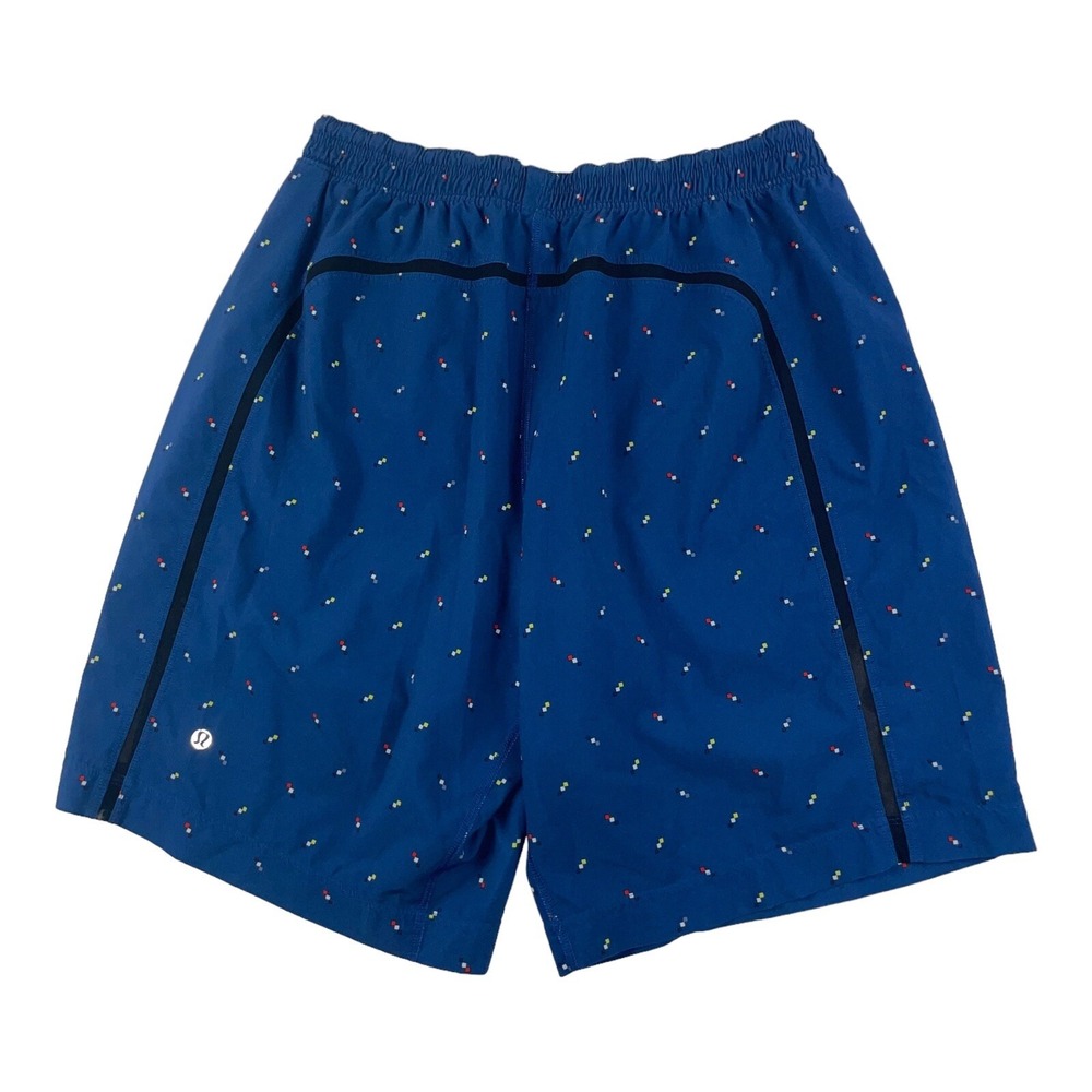 Lululemon Mens Lined Athletic Shorts Blue Multi Square Print Size M 9.5" Inseam